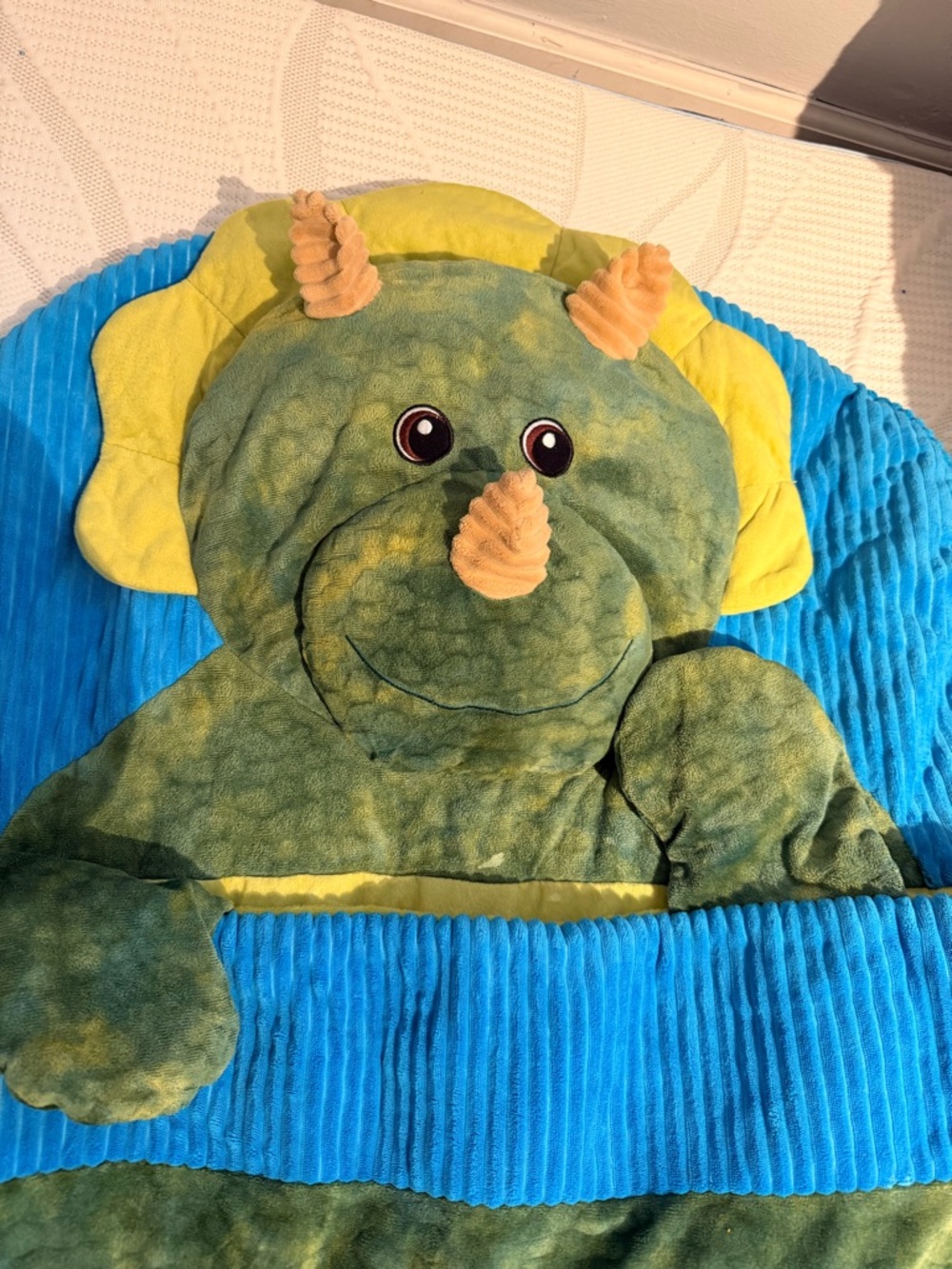 Green Dinosaur Plush Sleeping Bag with Bright Blue Trim